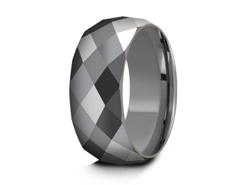 Men's Tungsten Wedding Rings - Multi Faceted Wedding Band - Engagement Ring - Dome Shaped - Comfort Fit  8mm - Vantani Wedding Bands