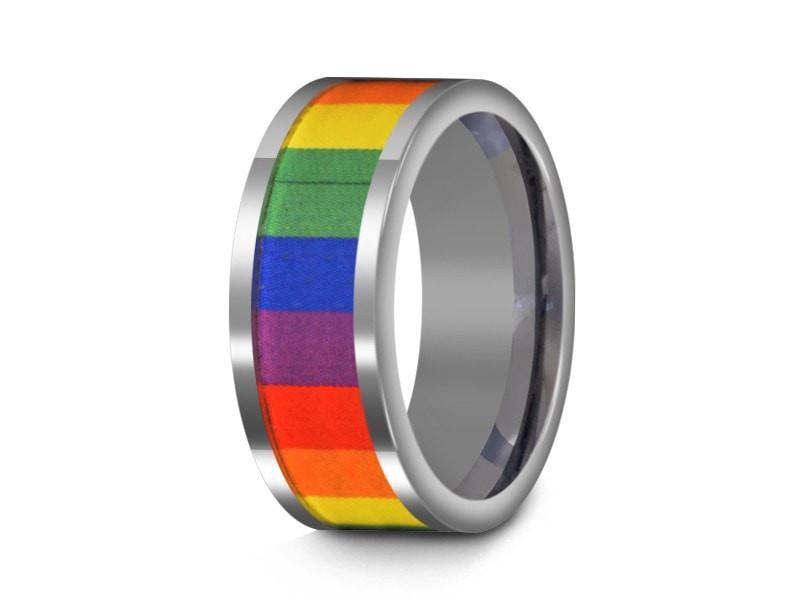 Rainbow Pride Tungsten Wedding Band - High Polish - Engagement Ring - Flat Shaped - Comfort Fit  8mm - Vantani Wedding Bands