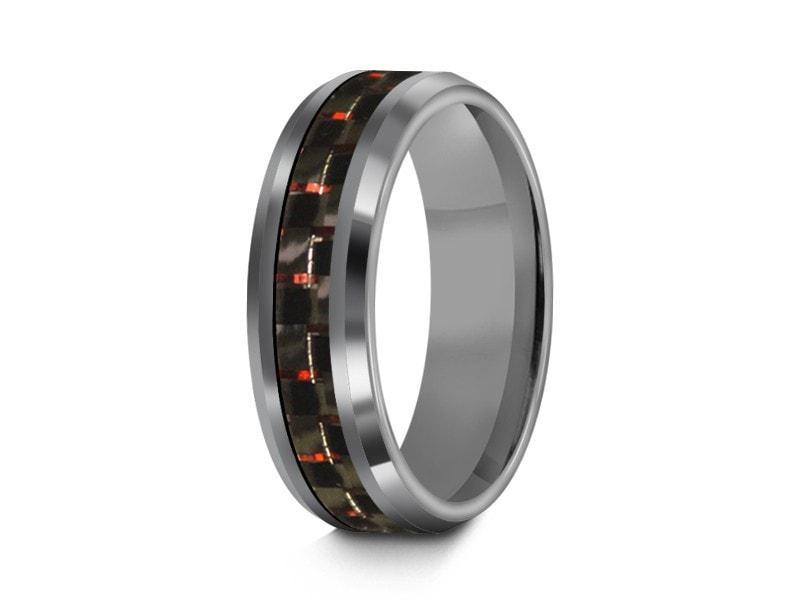 Tungsten Carbide Ring With Carbon Fiber Inlay - Wedding Band - Engagement Ring - Beveled Shaped - Comfort Fit  6mm - Vantani Wedding Bands