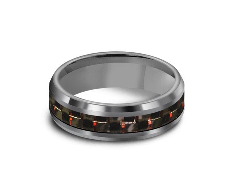 Tungsten Carbide Ring With Carbon Fiber Inlay - Wedding Band - Engagement Ring - Beveled Shaped - Comfort Fit  6mm - Vantani Wedding Bands