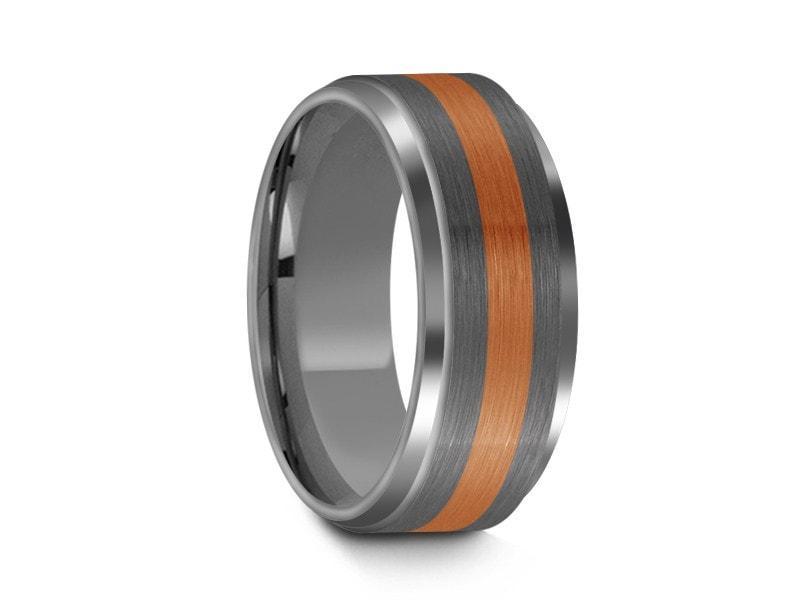 Brushed Tungsten Wedding Band - Two Tone - Gray Gunmetal - Engagement Ring - Ridged Edges - Comfort Fit  8mm - Vantani Wedding Bands