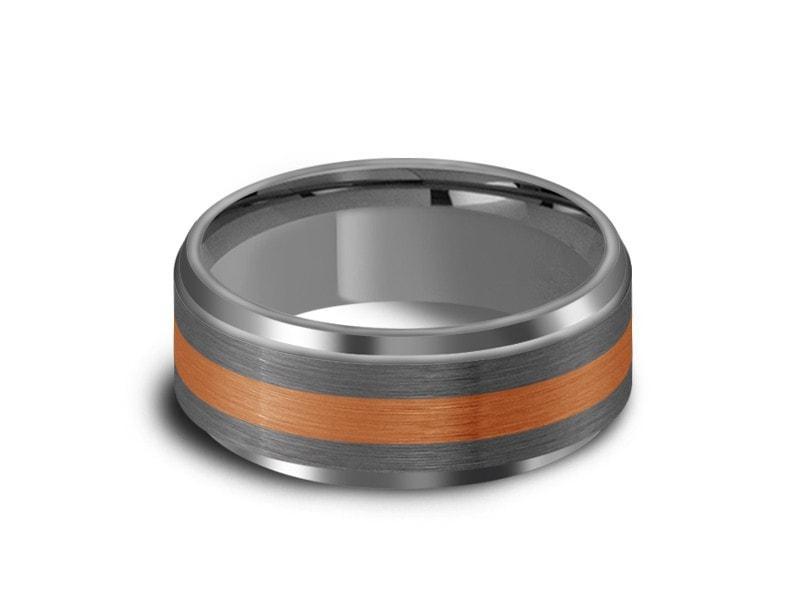 Brushed Tungsten Wedding Band - Two Tone - Gray Gunmetal - Engagement Ring - Ridged Edges - Comfort Fit  8mm - Vantani Wedding Bands