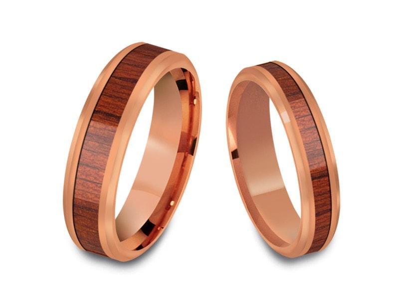 Tungsten Matching Wedding Band Set - Hawaiian Koa Wood Matching Bands - His/Hers - Engagement Ring Set - Two Tone Bands - Beveled Shaped - Comfort Fit  4mm/6mm - Vantani Wedding Bands