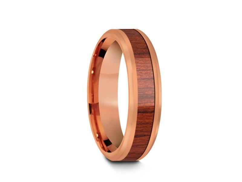 HAWAIIAN Koa Wood Inlay Tungsten Carbide Rose Gold Ring - Koa Wood Wedding Band - Engagement Ring - Beveled Shaped - Comfort Fit  6mm - Vantani Wedding Bands